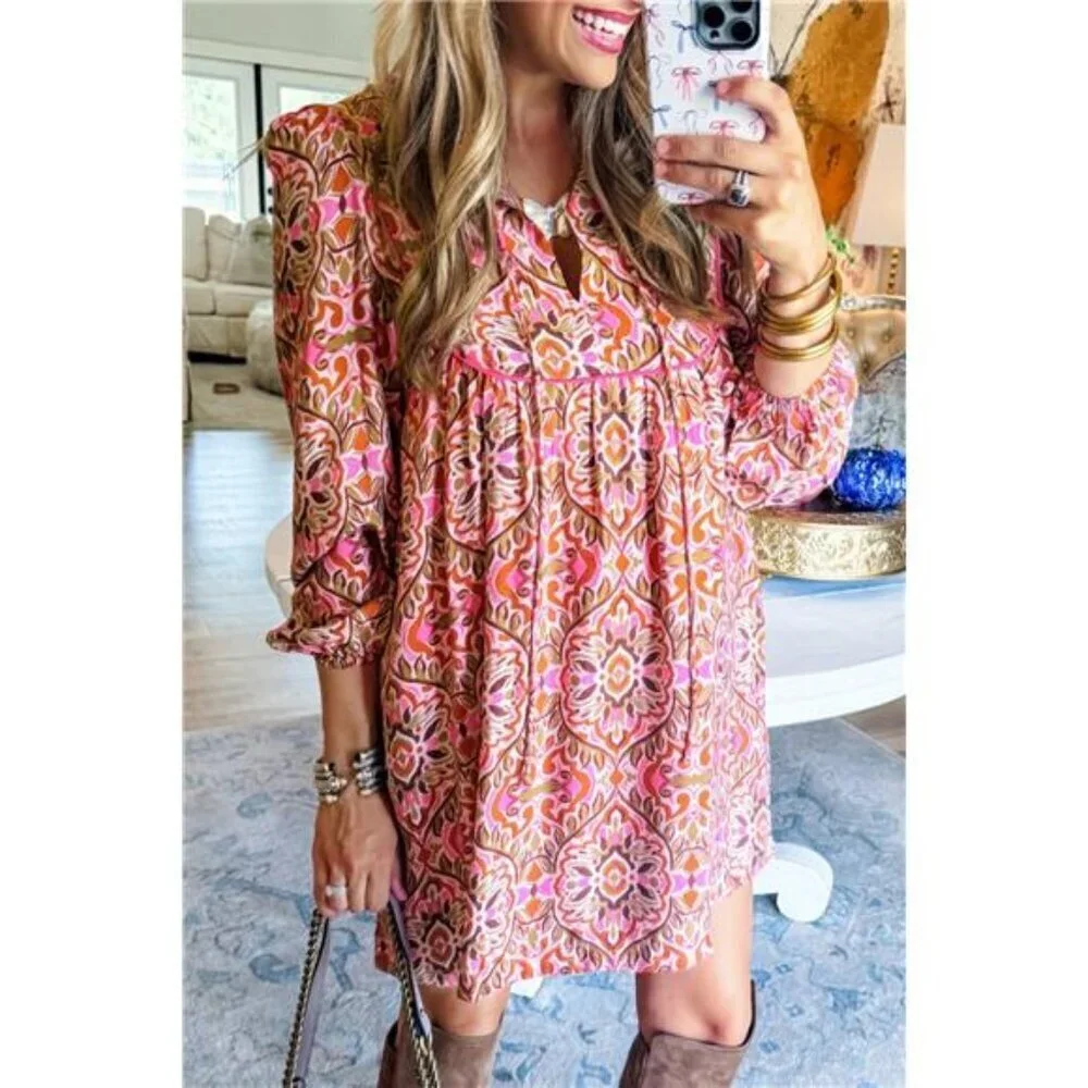 Printed Tie Neck Long Sleeve Mini Dress